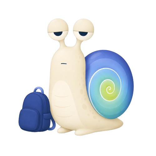 Mascote caracol da Fiboo com uma mochila